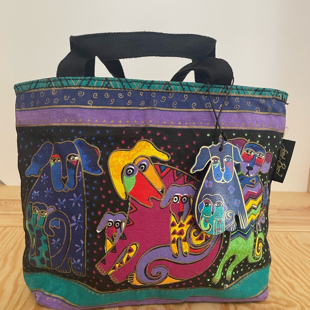 Laurel Burch small dog tote, rainbow multi color, with wooden hang tag charm